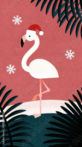 Obraz Tropical Christmas Flamingo concept. Festive flamingo wearing a Santa hat amidst tropical foliage and snowflakes.
