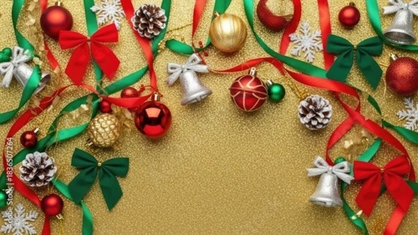 Obraz Sparkling Christmas Holiday Background with Golden Glitter Copyspace, Festive Ornaments, and Vibrant Ribbons