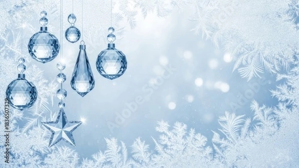 Obraz Elegant Icy Blue Winter Holiday Background with Sparkling Crystal Ornaments and Frosted Frame