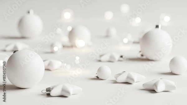 Obraz Elegant White Christmas Ornaments and Stars with Bokeh Lights on a Clean Minimalist Background