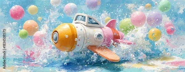 Fototapeta Colorful toy submarine splashing in water.