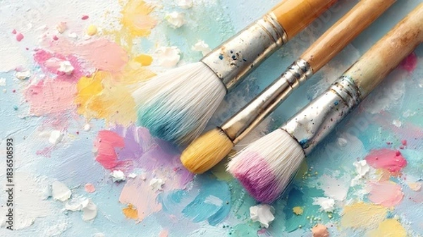 Fototapeta Colorful paint brushes on a vibrant canvas.