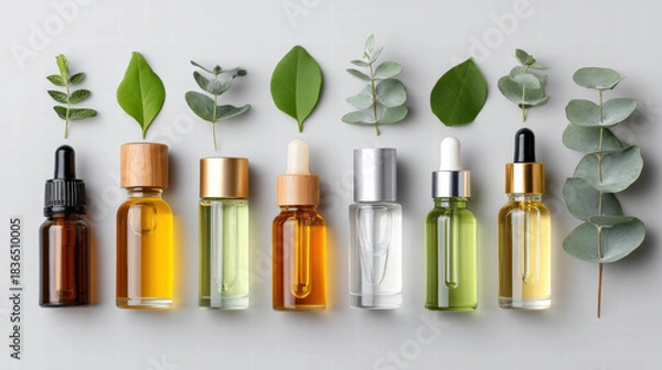 Fototapeta Hair loss solutions for men and women with natural essential oil bottles and green leaves arranged in row for healthy care