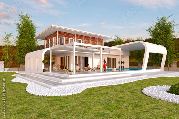 Obraz 3d render modern villa with pool