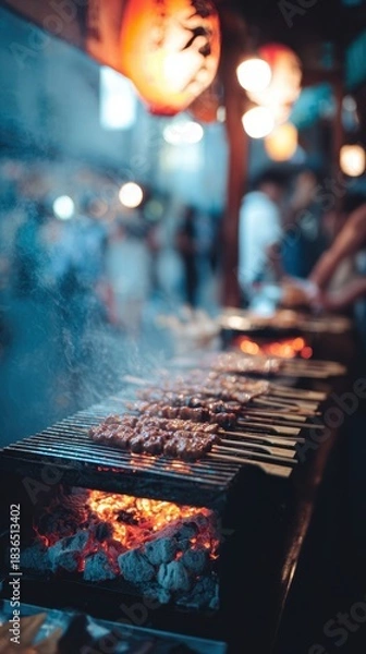 Obraz Barbecue Skewers Grilling at a Night Market