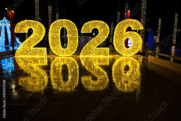 Fototapeta Glowing 2026 numbers illuminated in a dark winter city. Festive New Year decoration creating a bright holiday atmosphere at night.