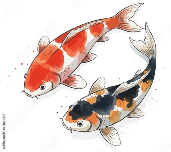 Fototapeta Harmony of koi: elegant watercolor pair. Yin-Yang Koi: red-white and calico fish illustration. Swimming symmetry: vibrant koi carp duet. Japanese serenity: hand-drawn koi fish art. Koi carp swimming