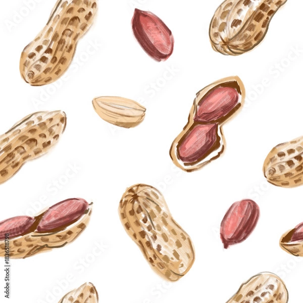 Obraz Peanuts seamless pattern, peanut butter, nuts, hand drawn sketch