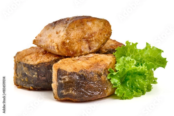 Obraz Fried Fish with Lettuce, isolated on white background