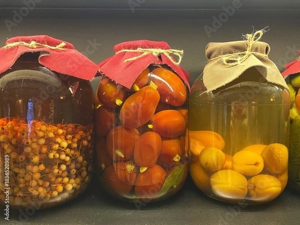 Fototapeta Homemade preserves in glass jars with fabric toppers and lids tied with twine. Pickled tomatoes, berries and apricots