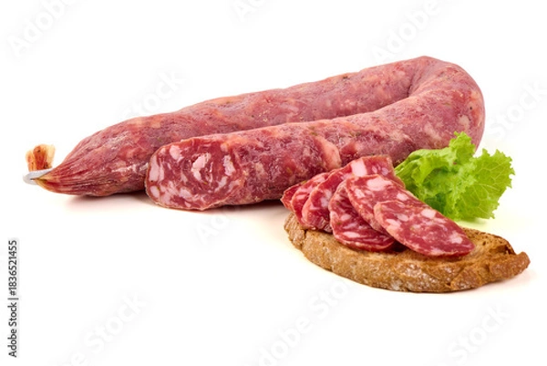 Obraz Longaniza Curada sausage on bread, isolated on white background