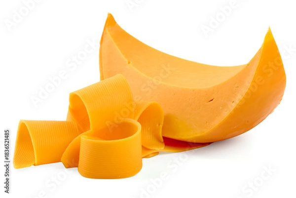 Obraz Mimolette cheese slice with curls, isolated on white background