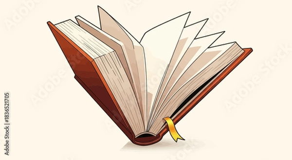 Obraz Illustration of an open, thick, antique book with fanned pages and a bookmark