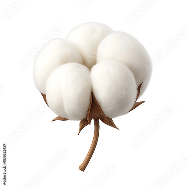 Fototapeta Soft white cotton boll with brown stem isolated for organic fabric design, eco product design and sustainable branding visuals, Realistic cotton boll isolated on transparent background, PNG
