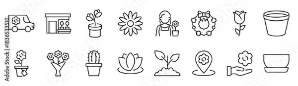 Fototapeta Flower line icon set. Rose, tulip in vase, spring blossom, cactus minimal vector illustration