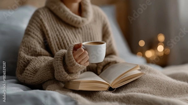 Obraz Woman in cozy sweater reading book with coffee in bed relaxing slow living home lifestyle