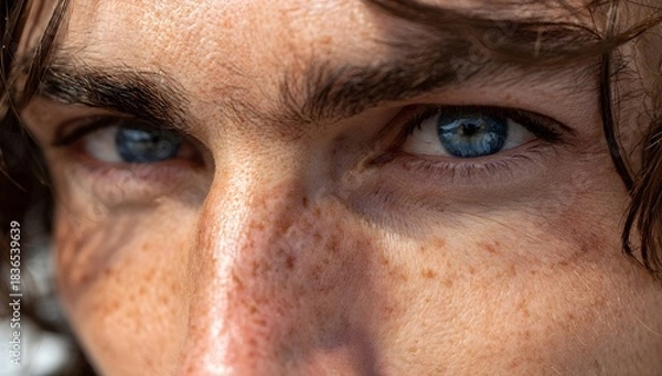 Fototapeta Close-up of a man’s face with vivid blue eyes, natural freckles, and sunlit skin, showcasing detailed texture and realistic expression.