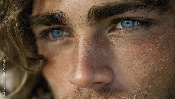 Fototapeta Close-up of a man’s face with vivid blue eyes, natural freckles, and sunlit skin, showcasing detailed texture and realistic expression.