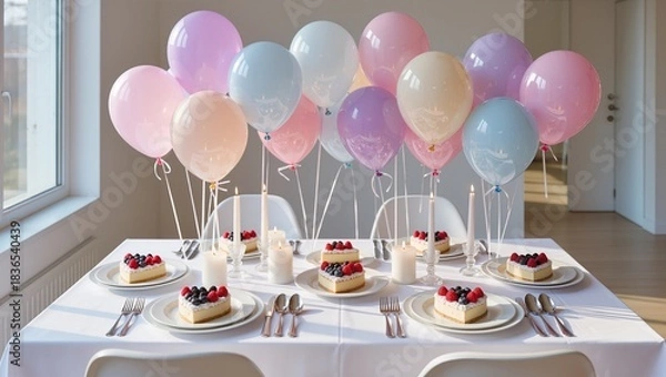 Fototapeta Colorful balloons in pastel shades float above a beautifully arranged table with delicious cakes topped with fresh berries, creating a festive celebration atmosphere