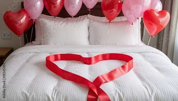 Fototapeta Romantic bedroom setup with heart-shaped ribbon on bed, surrounded by red and pink balloons, creating a cozy atmosphere for love and celebration
