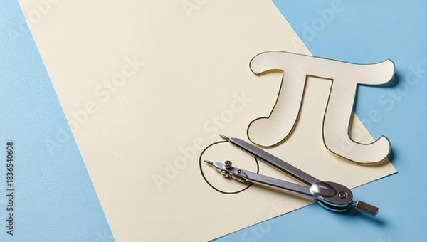 Fototapeta Mathematical tools including a compass and a cut-out symbol of pi are arranged on a pastel blue and yellow background, illustrating concepts of geometry and mathematics