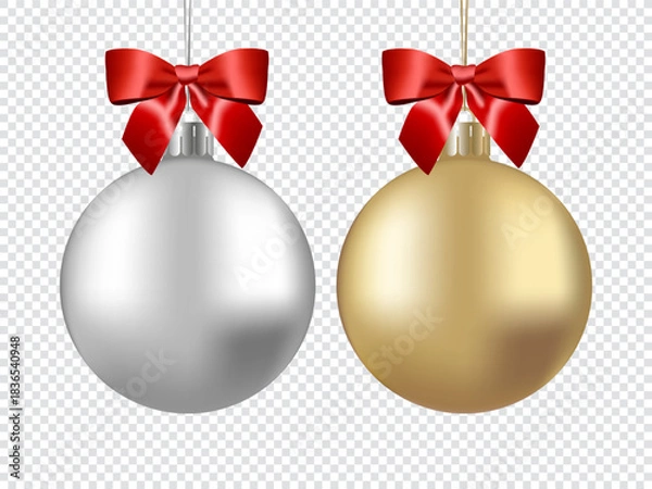 Obraz Christmas gold and silver tree ball with red bow, isolated vector illustration