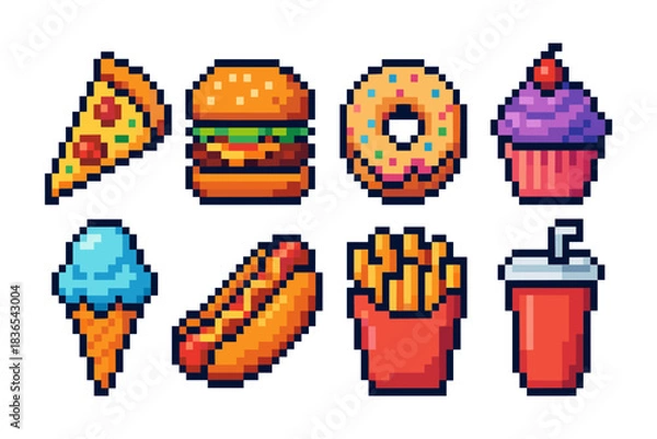 Obraz Colorful pixel art fast food icons: pizza, burger, donut, cupcake, ice cream, hot dog, fries, drink