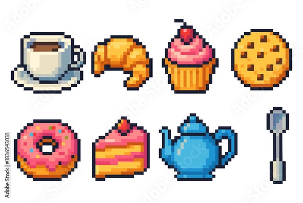 Obraz Pixel art breakfast set: coffee, pastries, and tea elements