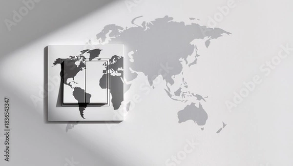 Fototapeta Wall switch with world map design, showcasing a modern aesthetic, illuminated by soft light, creating a stylish and contemporary interior atmosphere with minimalistic appeal
