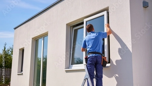 Fototapeta Male technician in blue shirt is installing a window on a modern house exterior, using a ladder, showcasing home improvement and maintenance skills with bright sunlight