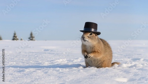 Fototapeta Adorable small mammal wearing a miniature top hat stands on a snowy landscape, surrounded by evergreen trees, showcasing a whimsical winter scene with charm and character