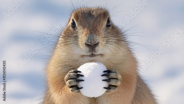 Fototapeta Cute animal holding a snowball in its paws, surrounded by a snowy landscape, showcasing winter playfulness and the joy of nature in a serene environment