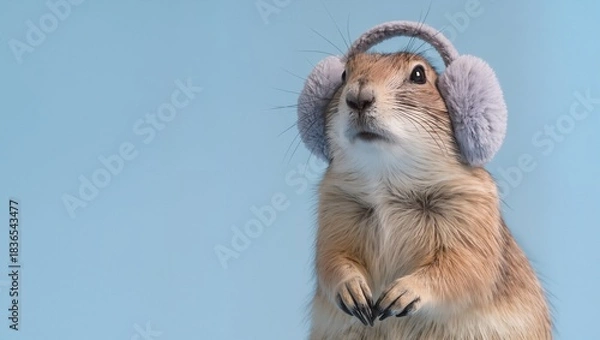 Fototapeta Cute small mammal wearing fluffy earmuffs, sitting upright against a soft blue background, showcasing adorable expression and playful demeanor in a whimsical setting