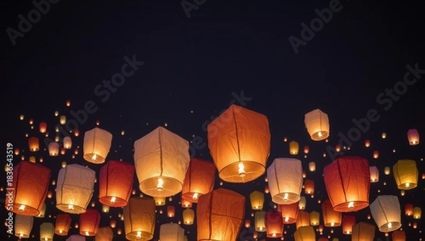 Fototapeta Colorful paper lanterns floating in the night sky, illuminating the darkness with warm light, creating a magical atmosphere during a festive celebration or cultural event