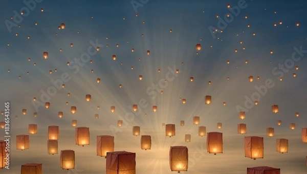 Fototapeta Floating lanterns illuminate the night sky, creating a magical atmosphere with warm glows and soft clouds, symbolizing hope and celebration during festive occasions