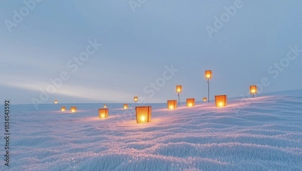 Fototapeta Softly glowing lanterns illuminate a serene snowy landscape, creating a tranquil atmosphere with gentle undulating snowdrifts and a peaceful twilight sky, evoking a sense of calm and wonder