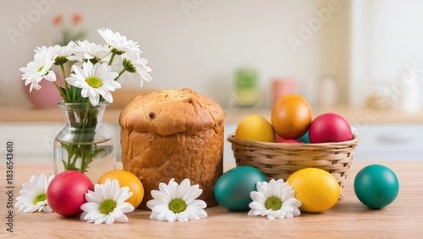 Fototapeta Colorful Easter eggs in a basket, fresh daisies in a vase, and a traditional sweet bread on a wooden table, creating a festive spring atmosphere with vibrant decorations