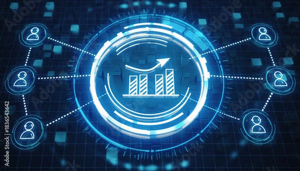 Obraz Global Data Network: Intricate interconnected network visualized in a digital display, illustrating the interconnectedness of data and user profiles