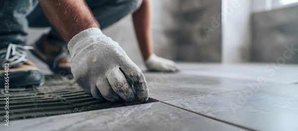 Fototapeta A worker installing ceramic floor tiles, carefully aligning them over adhesive. Gloved hands, tools, and close-up details highlight precision, craftsmanship, and professional construction work.
