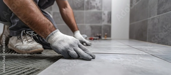 Fototapeta A worker installing ceramic floor tiles, carefully aligning them over adhesive. Gloved hands, tools, and close-up details highlight precision, craftsmanship, and professional construction work.
