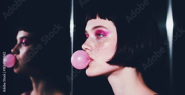 Fototapeta Ritratto primo piano volto di elegante e affascinante ragazza che fa una bolla con una gomma da masticare, sullo sfondo l'immagine riflessa in uno specchio