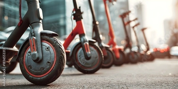 Fototapeta Urban row of electric scooters lined up on a city street, highlighting modern eco-friendly transportation, shared mobility services, and sustainable commuting in a vibrant metropolitan environment.