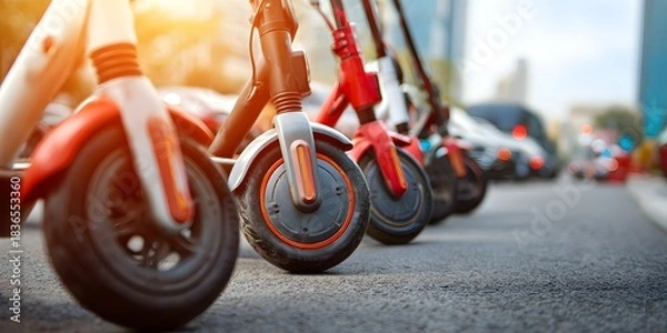 Fototapeta Urban row of electric scooters lined up on a city street, highlighting modern eco-friendly transportation, shared mobility services, and sustainable commuting in a vibrant metropolitan environment.