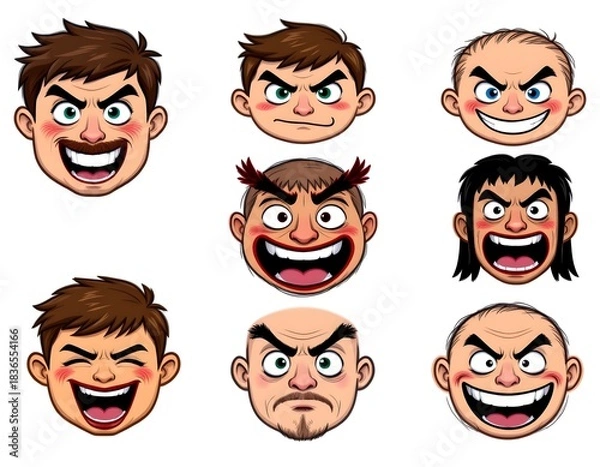 Fototapeta Variety of Cartoon Faces Expressing Different Emotions and Reactions in Colorful Style