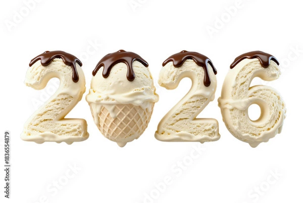 Obraz [Transparent Background PNG]Delicious ice cream forming the numbers 2026 for a sweet new year