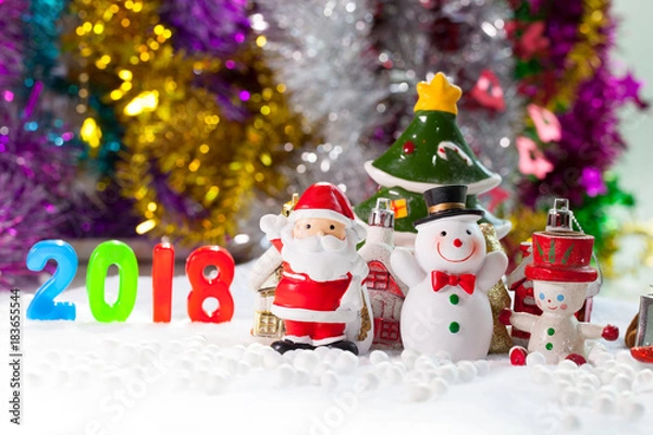 Fototapeta Christmas props decorations on christmas snow field background with copy space.Merry Christmas and happy new year concept.