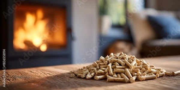 Fototapeta Wood pellets on a rustic wooden surface in front of a burning fireplace. The warm glow of the fire creates a cozy and inviting atmosphere, symbolizing sustainable and eco-friendly heating.