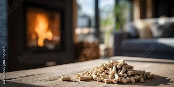 Fototapeta Wood pellets on a rustic wooden surface in front of a burning fireplace. The warm glow of the fire creates a cozy and inviting atmosphere, symbolizing sustainable and eco-friendly heating.