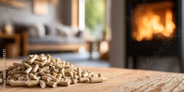 Fototapeta Wood pellets on a rustic wooden surface in front of a burning fireplace. The warm glow of the fire creates a cozy and inviting atmosphere, symbolizing sustainable and eco-friendly heating.