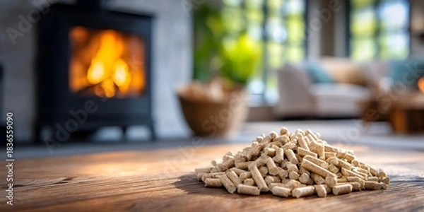 Fototapeta Wood pellets on a rustic wooden surface in front of a burning fireplace. The warm glow of the fire creates a cozy and inviting atmosphere, symbolizing sustainable and eco-friendly heating.